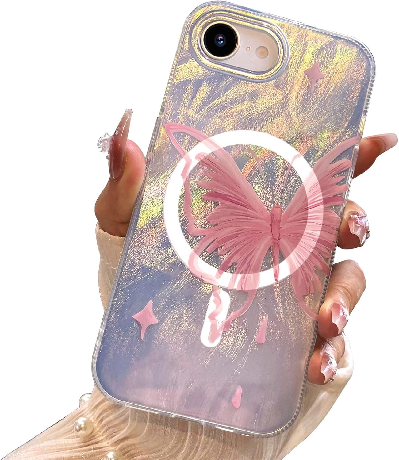 I-MGAE-IN-AR Compact Case for iPhone 16e Pale Pink Butterfly Design,[Compatible with Magsafe] Cute Soft Slim Shockproof Protective Phone Cases Women Girls Aesthetic Glitter