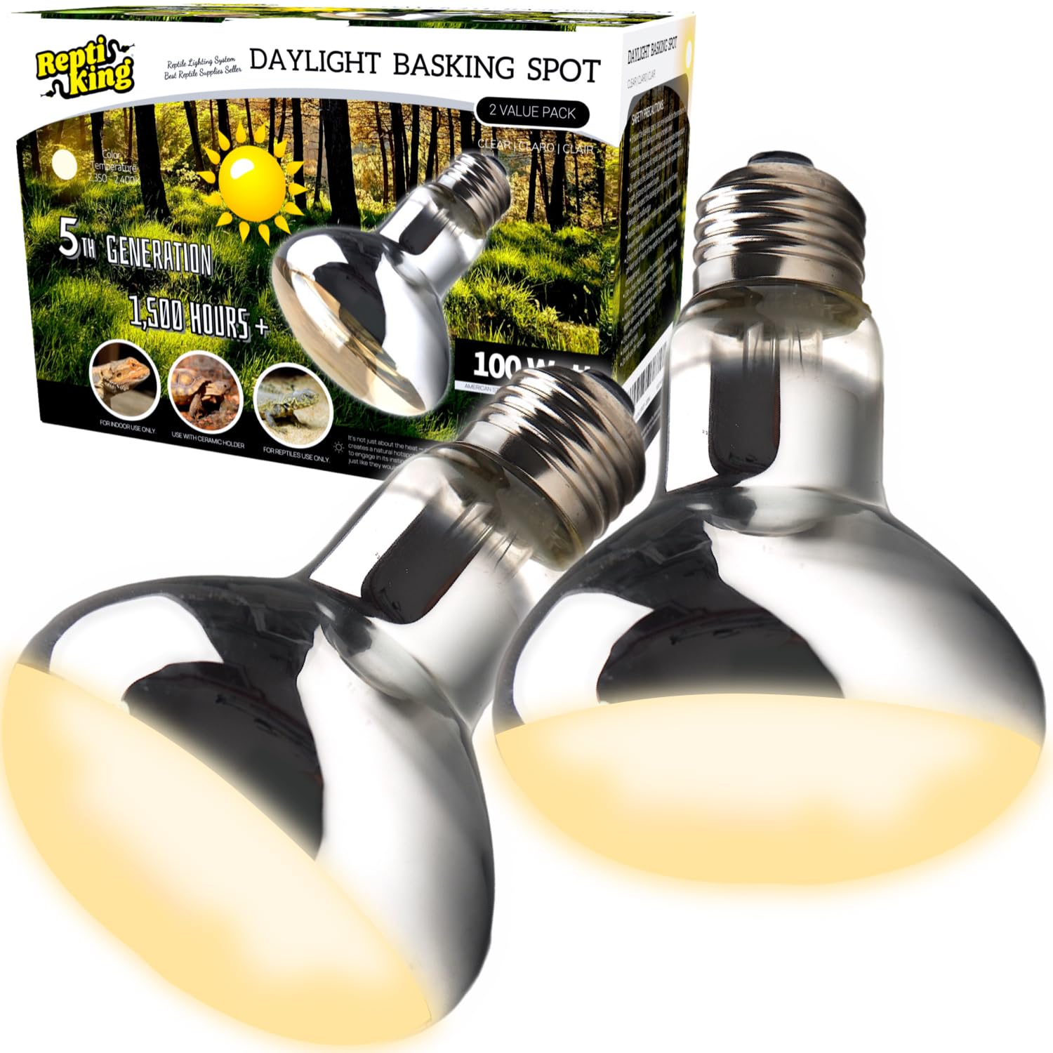ReptiKing 100W Reptile Heat Lamp Bulbs, 2 Value Pack, Daylight Basking Spot, 2025 G3, Bearded Dragon/Turtle/Lizard/Snake Heating Bulb, UVA Heat Lamp, Basking Light for Reptiles