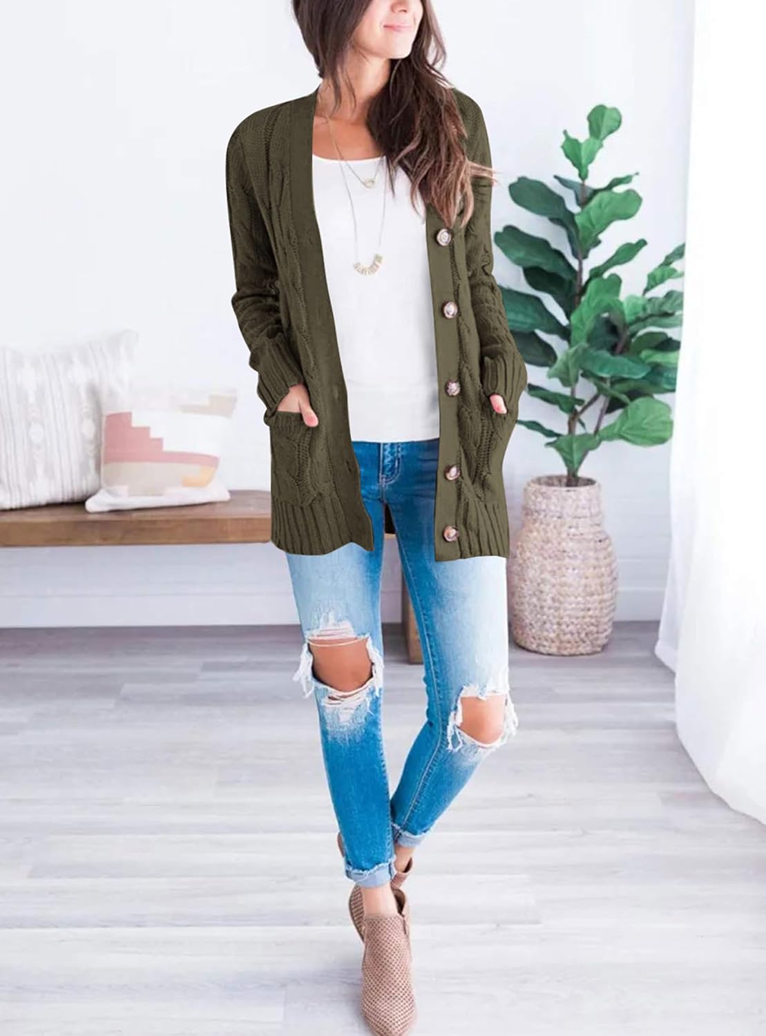 PRETTYGARDEN Women's Open Front Cardigan Sweaters Fall Fashion Button Down Cable Knit Chunky Winter Clothing Outerwear Coats - Image 6