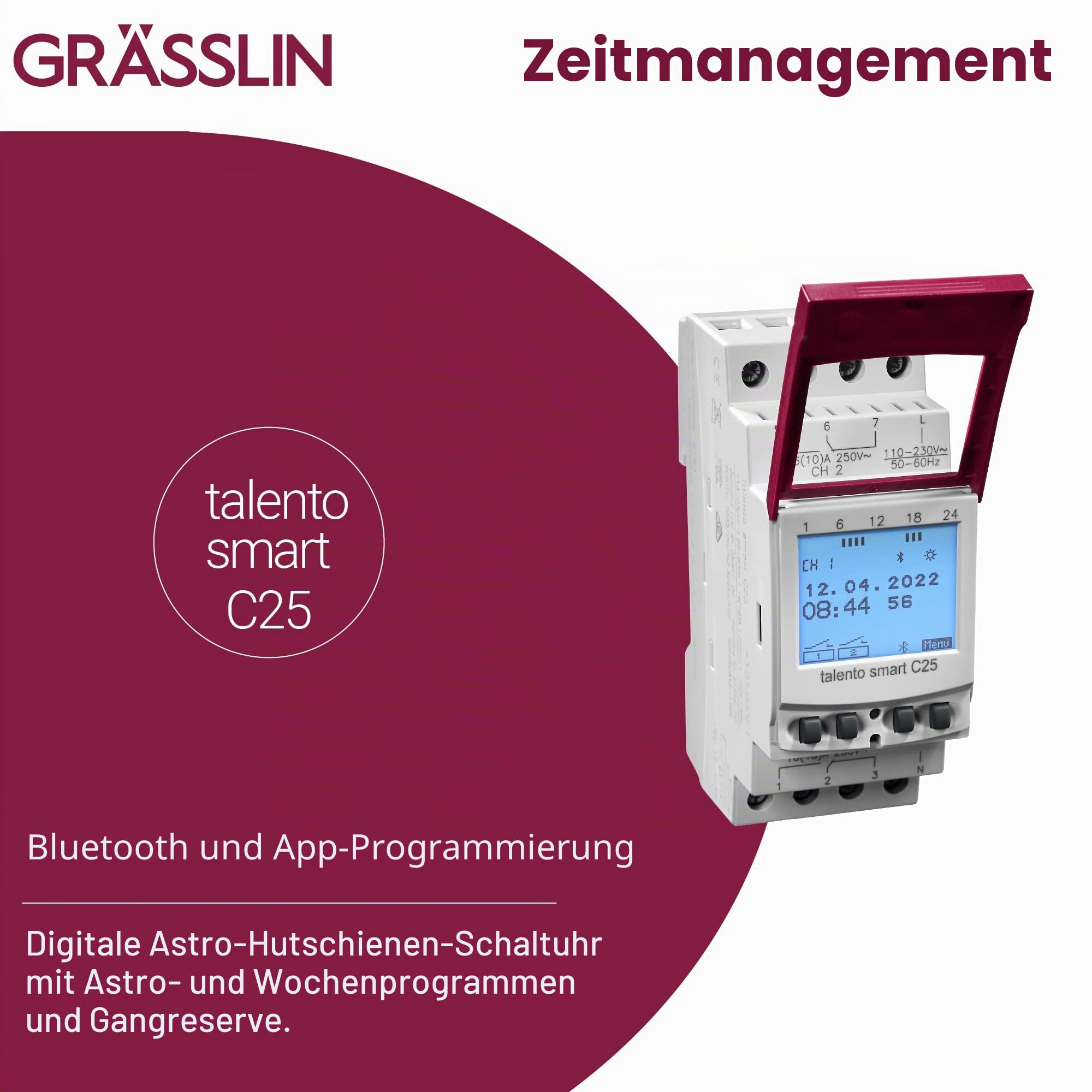 43.03.0002.1 talento smart C25 2-Kanal-Astro-Zeitschaltuhr digital | Bluetooth/App, 2 TE, DIN-Schiene/Hutschiene, 500 Speicherplätze, Wochen-/Jahresprogramm, Impuls/Zyklus, 8 Jahre Gangreserve