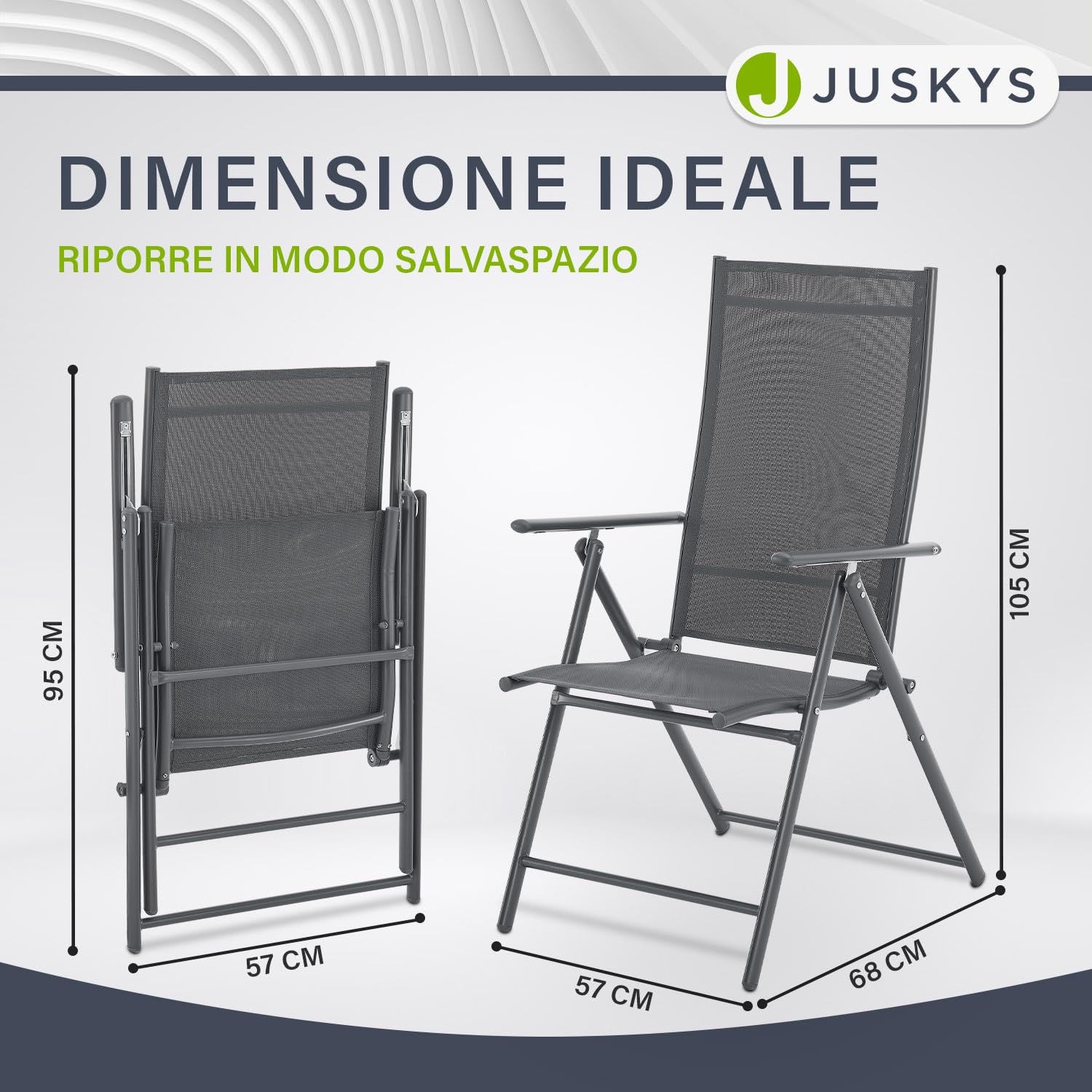 Juskys Sedie da giardino Calena set 4 pezzi antracite – Schienale regolabile in 7 posizioni – pieghevoli con struttura in acciaio e tessuto traspirante