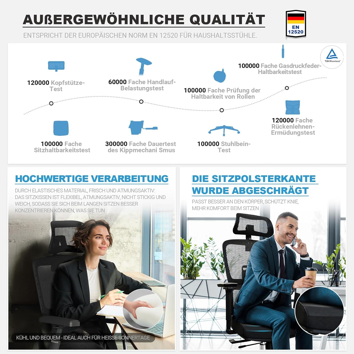 Image detailing the exceptional quality and European standard compliance (EN 12520) of the MELOKEA E060B office chair, including various durability tests, high-quality breathable materials, and a beveled seat cushion for comfort.