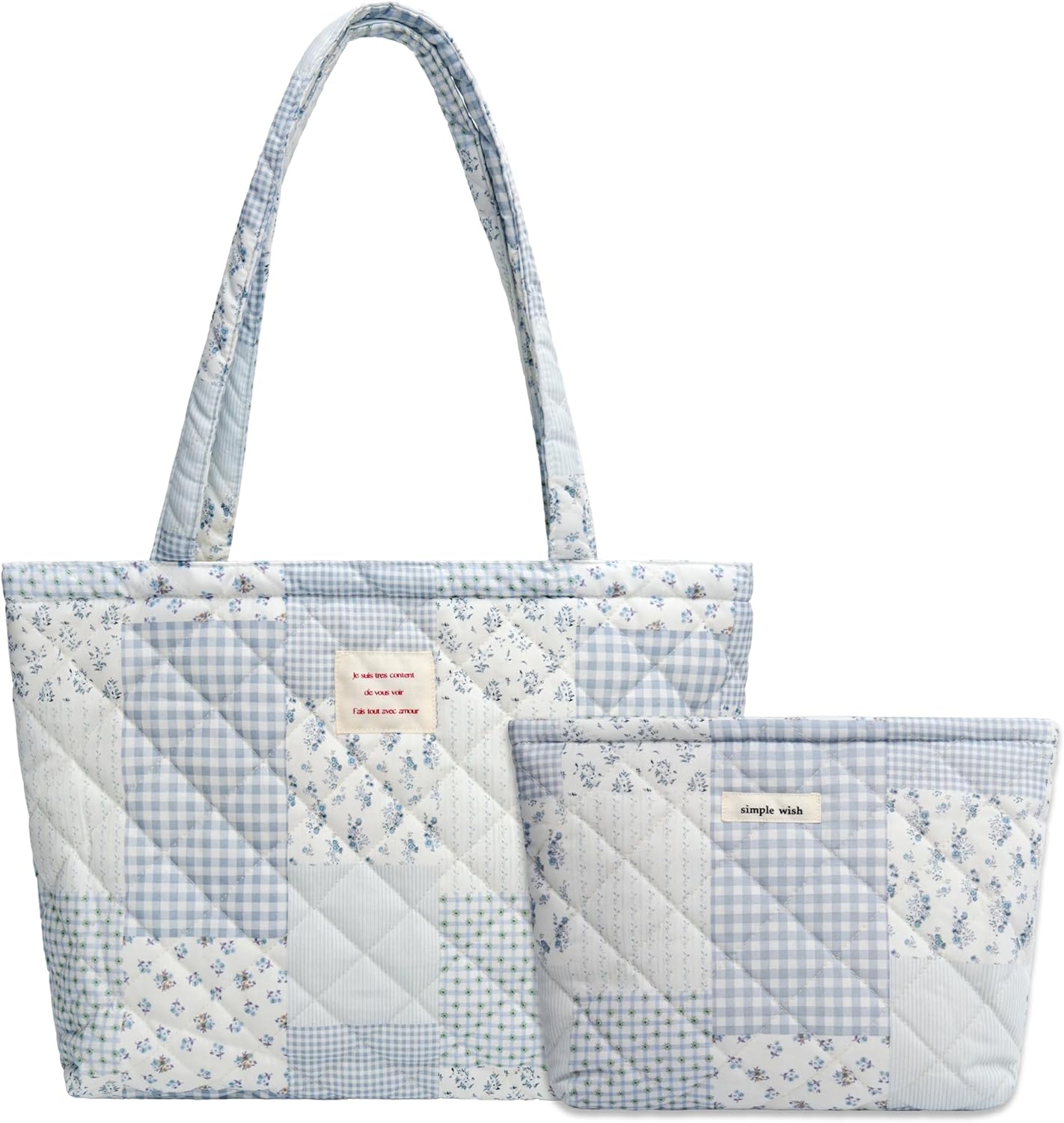 Floral Puffer Tote Bag Set for Women, Quilted Cotton Shoulder Bag with Zippered Pouch, Small Cute Totes