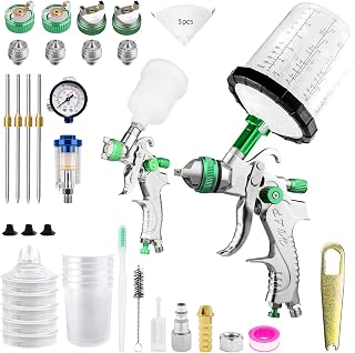 RRJ 2 Stück HVLP Professionelle Lackierpistole, Automobil-Lackpistole, 0,5/0,8mm Düsen 125ml & 1,4/1,7mm Düsen 650ml Einweg-Farbbecher und Luftregler, Grundierung, Möbel, Auto, Möbel, Malerei (Grün)