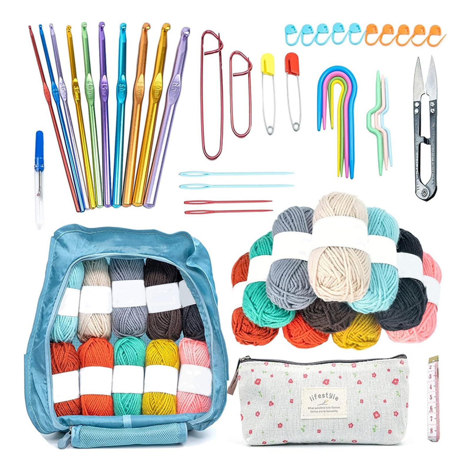 Hsioluted 50Pieces Crochet Hooks Set, Beginner Crochet Hooks Kits with Case, Ergonomic Hook Needle Weave Yarn Kits Knitting Supplies Knitting Supplies Accessories and Tools for Beginners