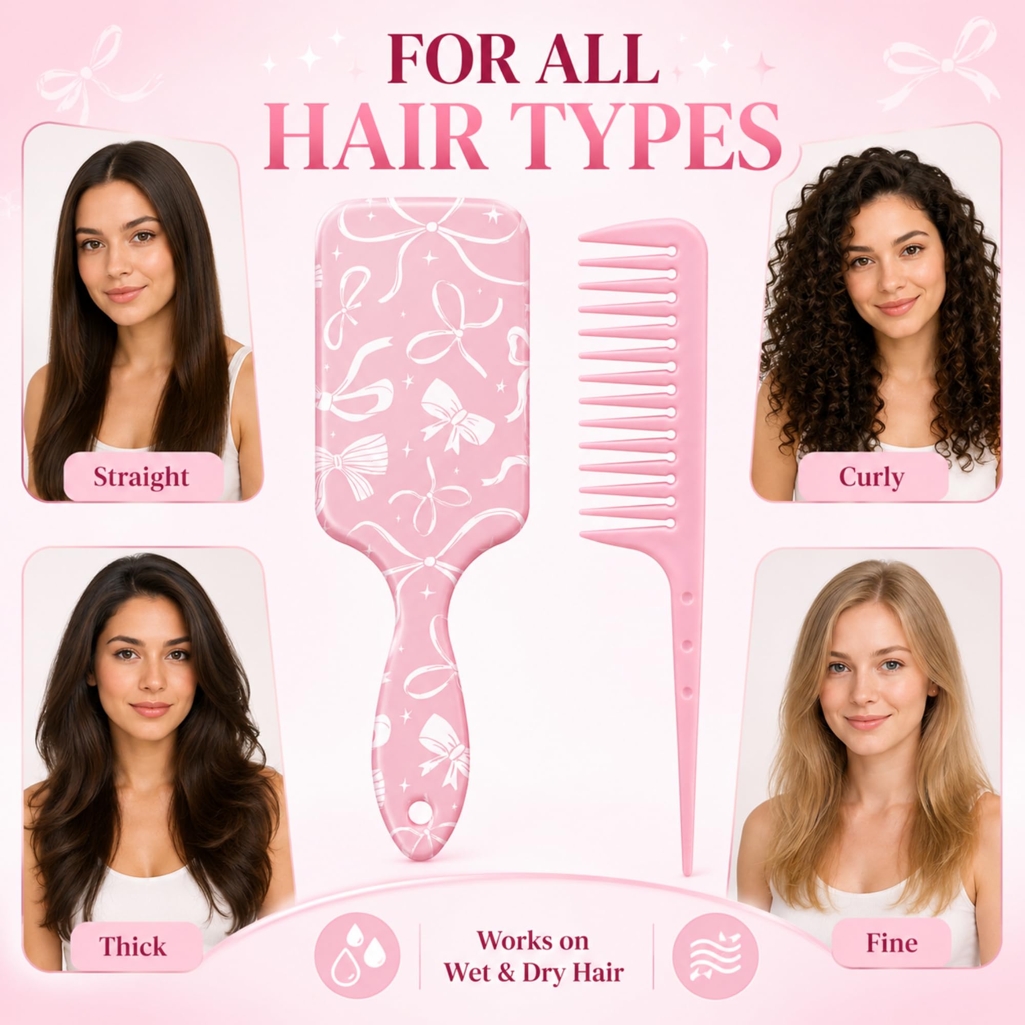 Weysat Coquette - Juego de cepillo para el pelo y peine de cola desenredante rosa, estampado de lazo, antiestático, cojín de aire, peine de dientes anchos para mujeres y hombres, desenreda todo el