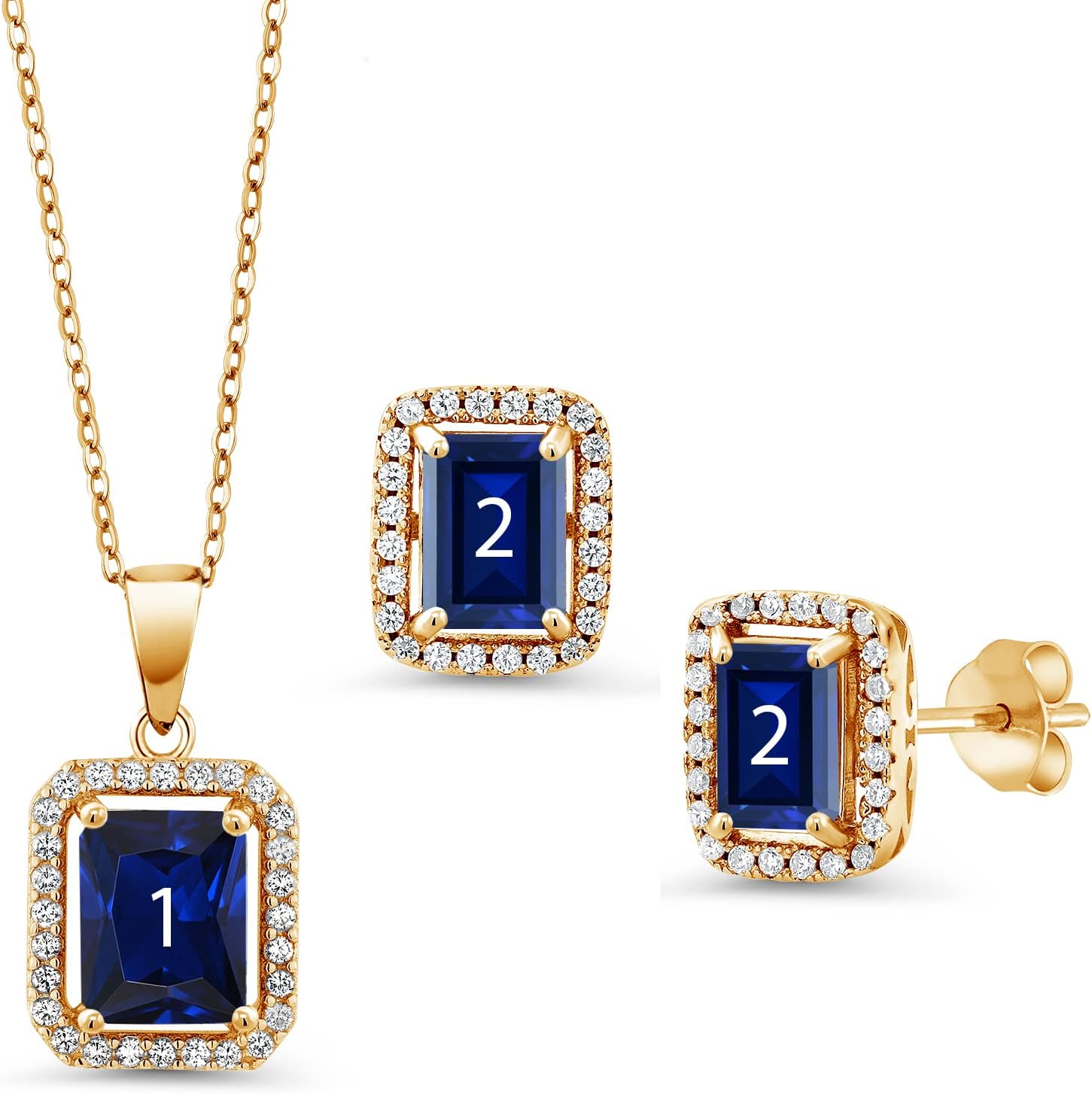 Gem Stone King Build Your Own Personalized 3-Stone Emerald Cut Birthstones and White Zirconia 18K Yellow Gold Plated Silver Pendant and Earrings Jewelry Set - Image 2