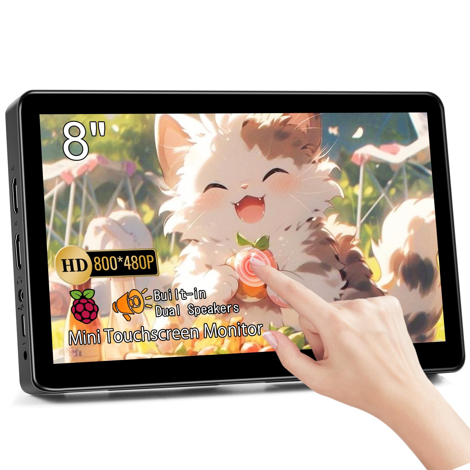 AkntzcsSmall Monitor Touch Screen Monitor 8 Inch HD 800x480 HDMI Mini Portable Monitor IPS LCD Display for PC Laptop Ras Pi, Built-in Speakers