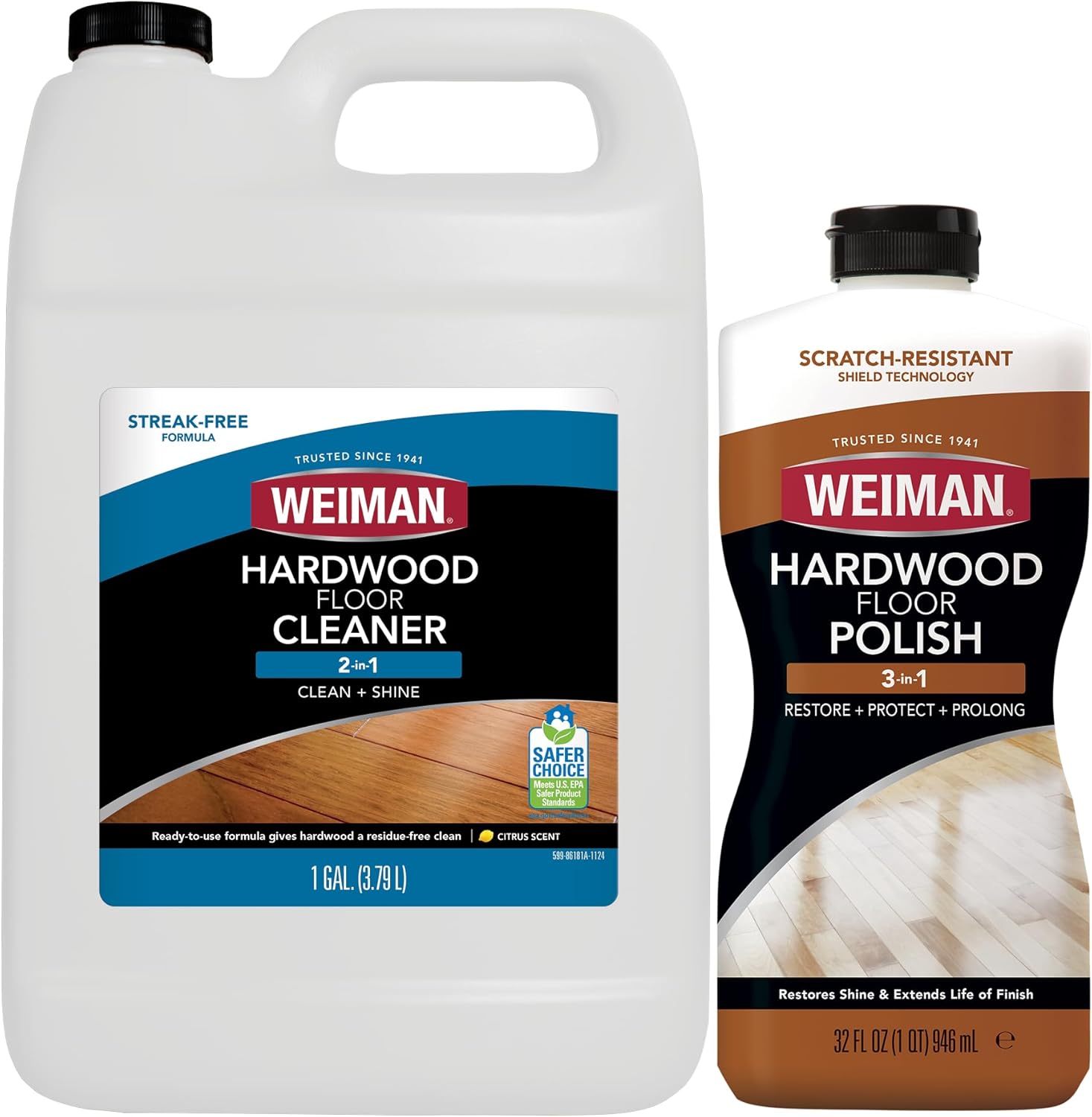 Weiman Hardwood Floor Cleaner and Polish – 128 Ounce Cleaner and 32 Ounce Polish – High-Traffic Hardwood Floor, Natural Shine, Removes Scratches, Leaves Protective Layer