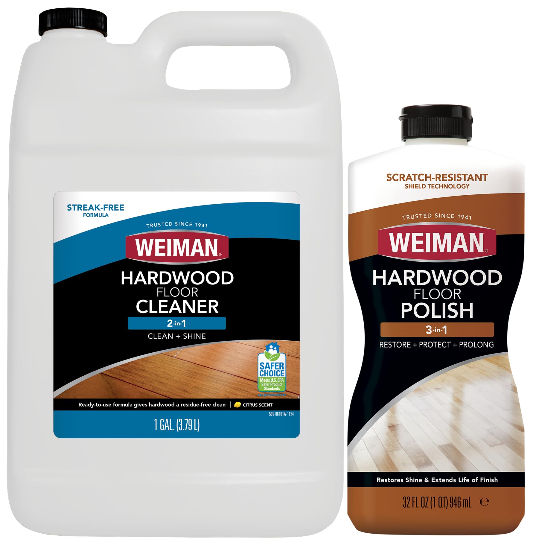 Weiman Hardwood Floor Cleaner and Polish - 128 Ounce Cleaner and 32 Ounce Polish - High-Traffic Hardwood Floor, Natural Shine, Removes Scratches, Leaves Protective Layer - Packaging May Vary