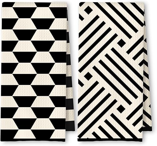 Juego de 2 toallas de cocina en blanco y negro, bohemio, minimalista, abstracto, para decoración de cocina, toallas de mano modernas retro de