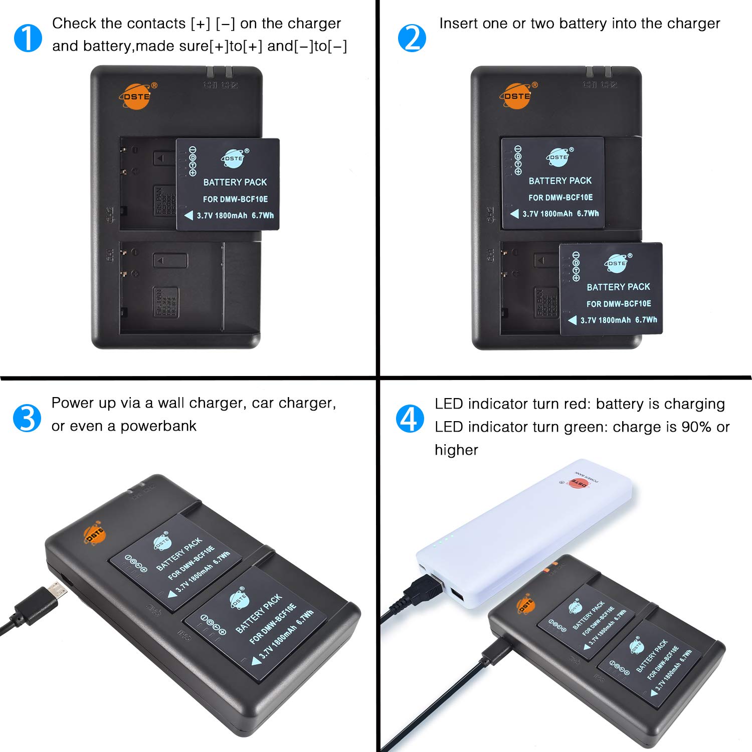 DMW-BCF10 USB Cargador Para Panasonic Lumix DMC-FH20, DMC-FH22, DMC-FH24, DMC-FH25, DMC-FH3, DMC-FH5, DMC-FS15, DMC-FS6, DMC-FS7, DMC-FT1, DMC-FT4, DMC-FX70, DMC-FX78, DMC-SZ1, DMC-SZ7 Cámara Y Más
