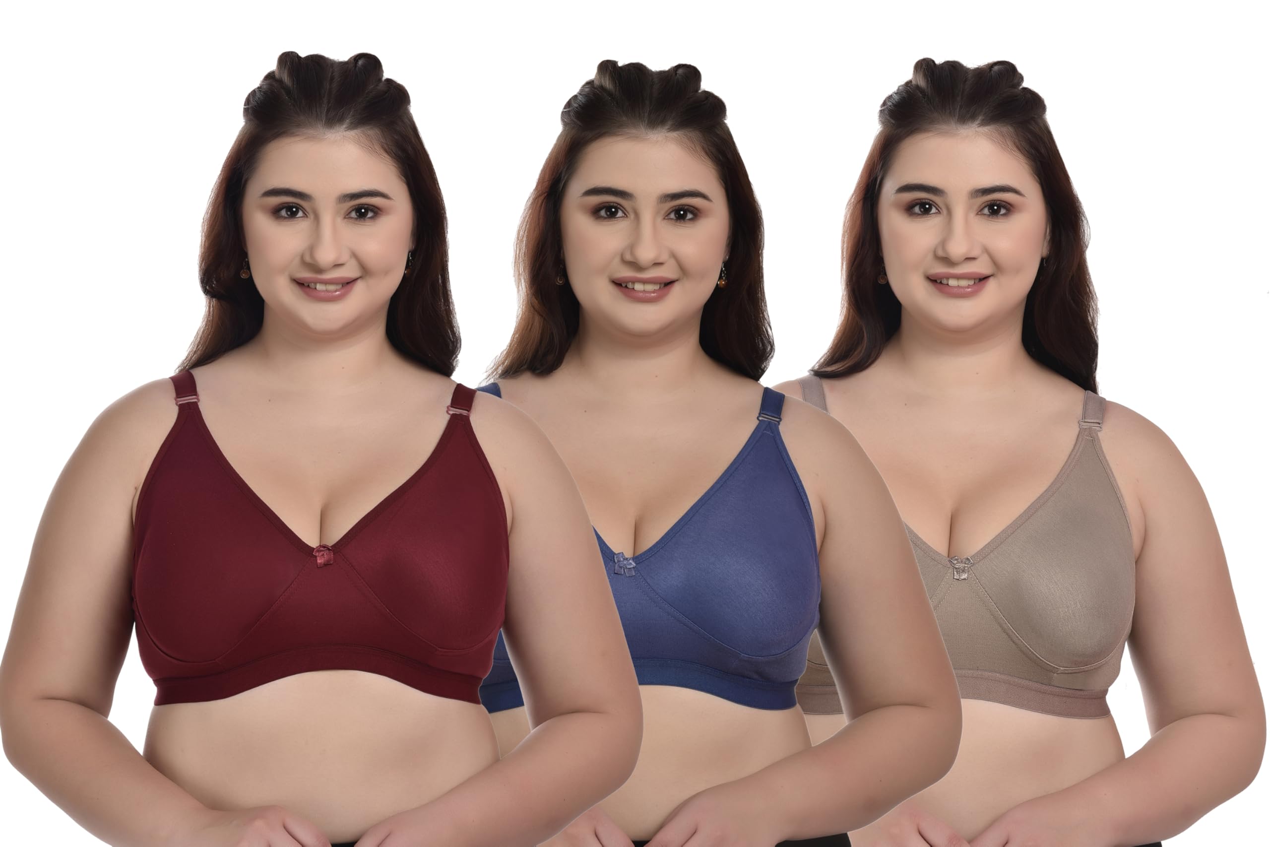Women's Full Coverage Non-Wired Bra, Pack of 3, Maroon, Blue, Beige, Plus Size-picture-12