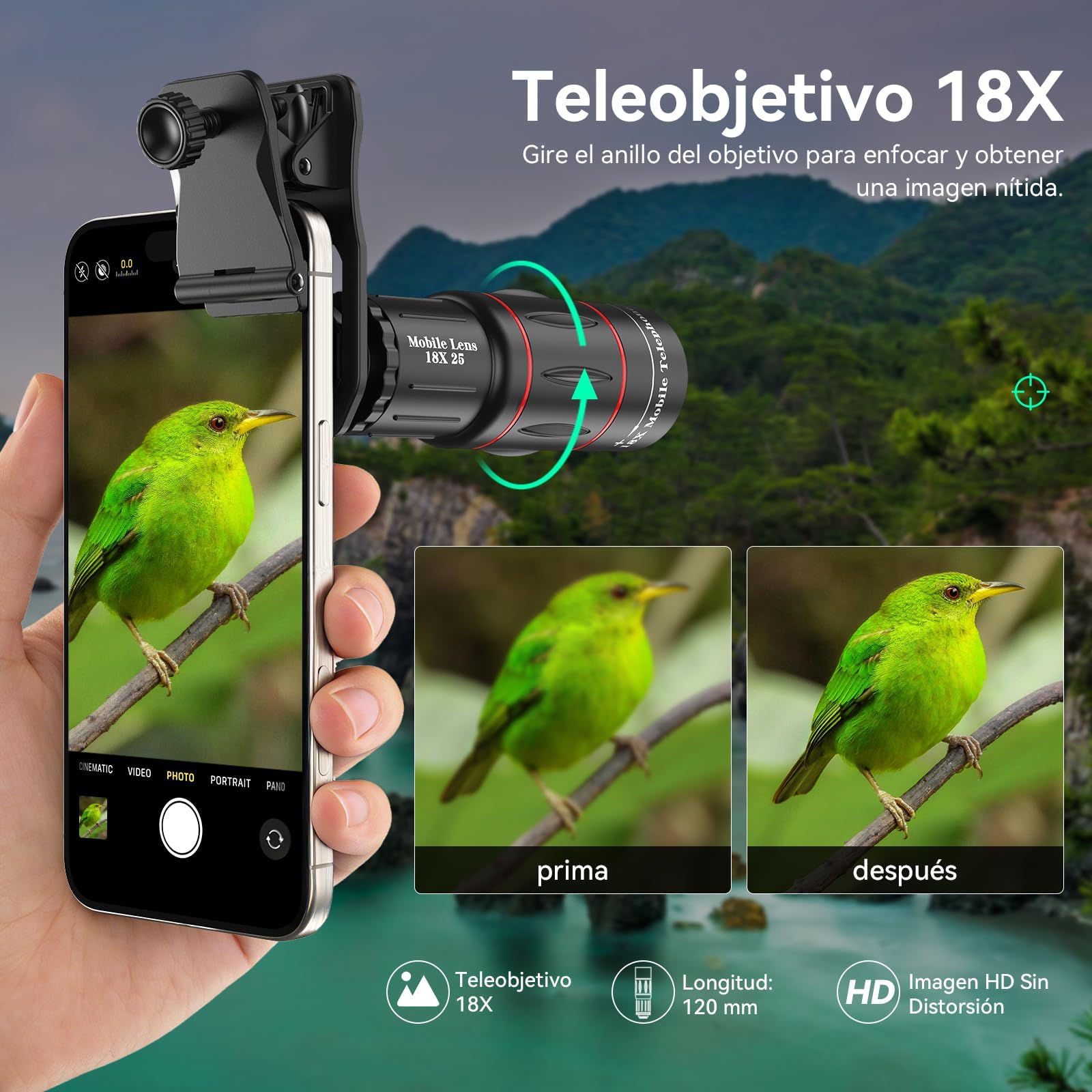 Evil Eye Teleobjetivo 18X, Prisma BAK4, Revestimiento FMC, Modo Dual con Trípode, Compatible con iPhone 12-17 Series & Android, Ideal para Viaje, Observación De Vida Silvestre & Evento Deportivo