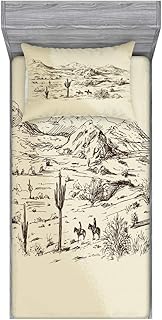Ambesonne Western Fitted Sheet & Pillow Sham Set, Wild West Landscape Illustration Mountains Desert Plants Cowboys on Horses, Decorative Printed 2 Piece Bedding Decor Set, Twin, Beige Black