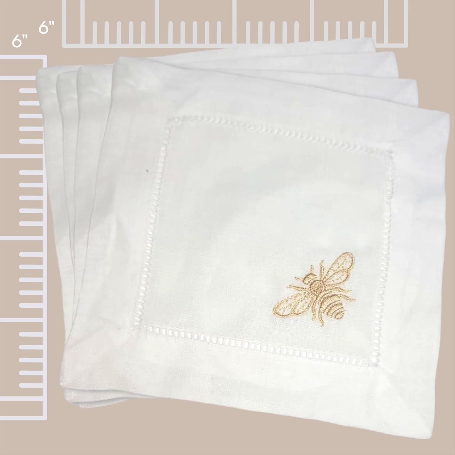 White Linen Hemstitch Cocktail Napkins with Bumblebee Embroidery, Set of 4