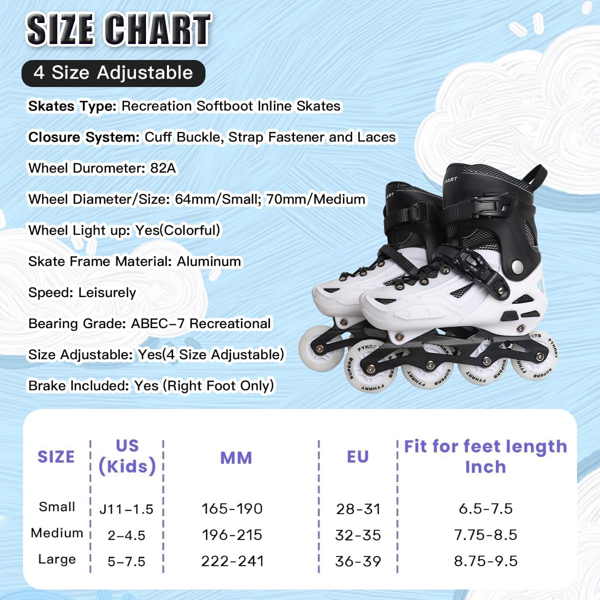 Patins en ligne pour enfants - 4 tailles - Convient pour l'intérieur et l'extérieur