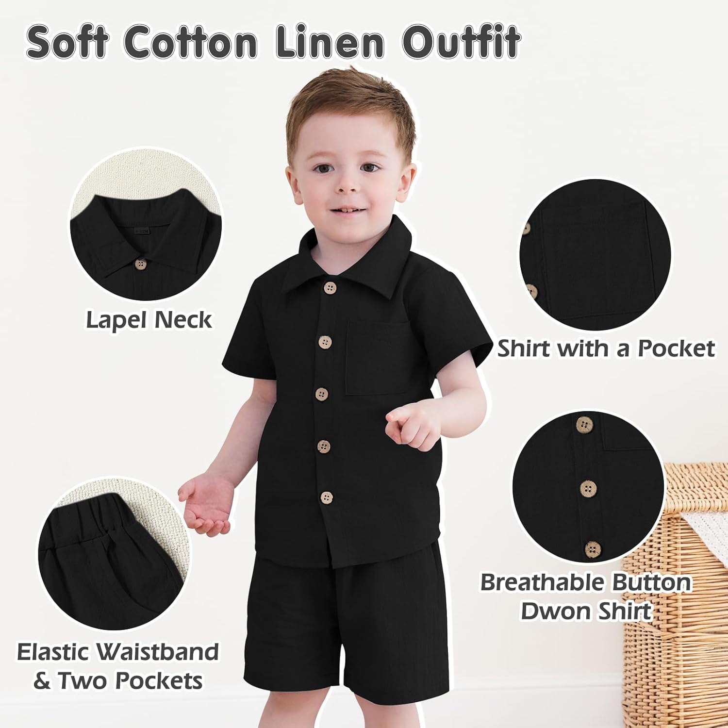 Neutocd Toddler Baby Boy Summer Clothes Cotton Linen Short Sleeve Solid Button Down Shirt Shorts Set Outfits with Pockets - Image 5