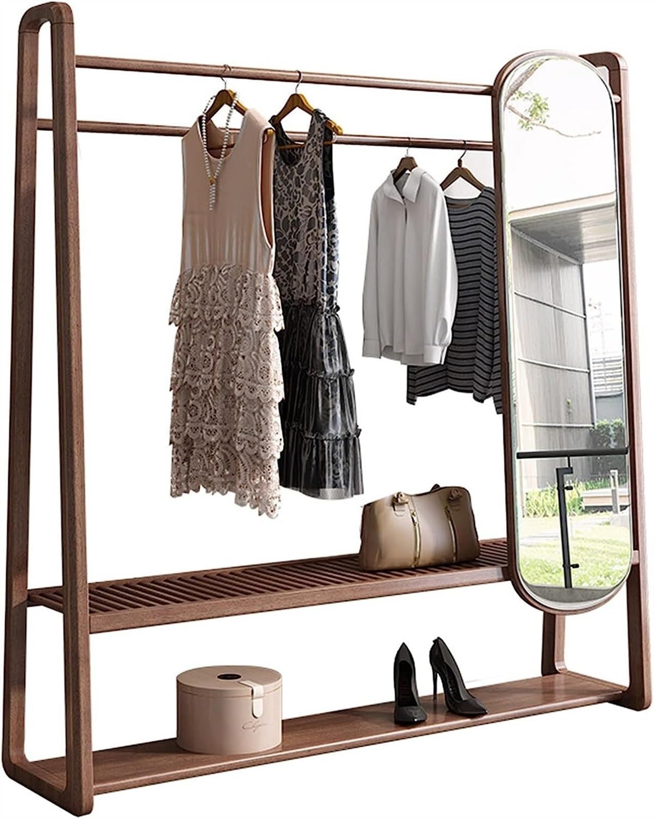 Garment Rail Clothes Hat Rack Freestanding Solid Wood Hanger Coat Racks With Hdmirror Suitable For Home Bedroom Clothes