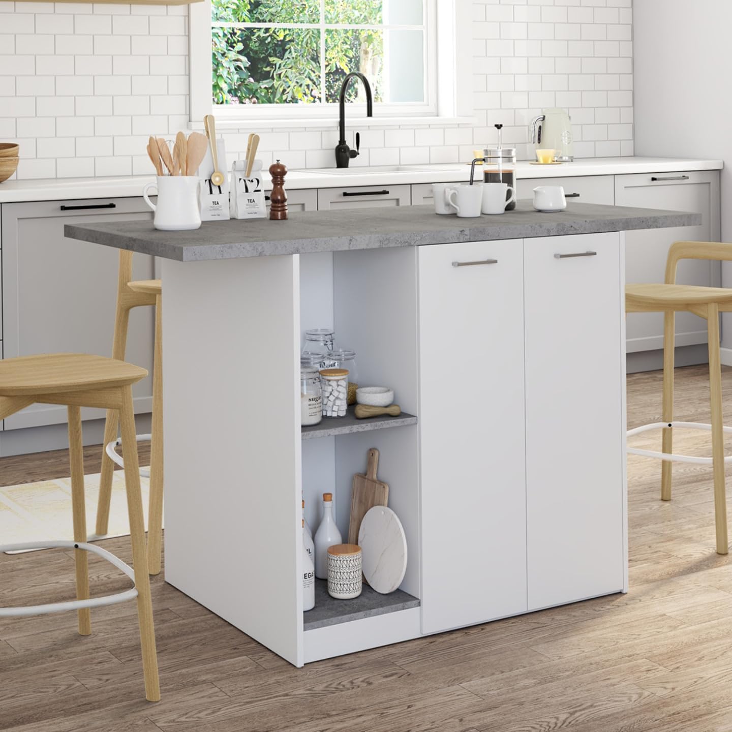IDMarket - Ilot Central BAO 140 cm 4 Personnes Bois Blanc avec Plan de Travail Effet béton