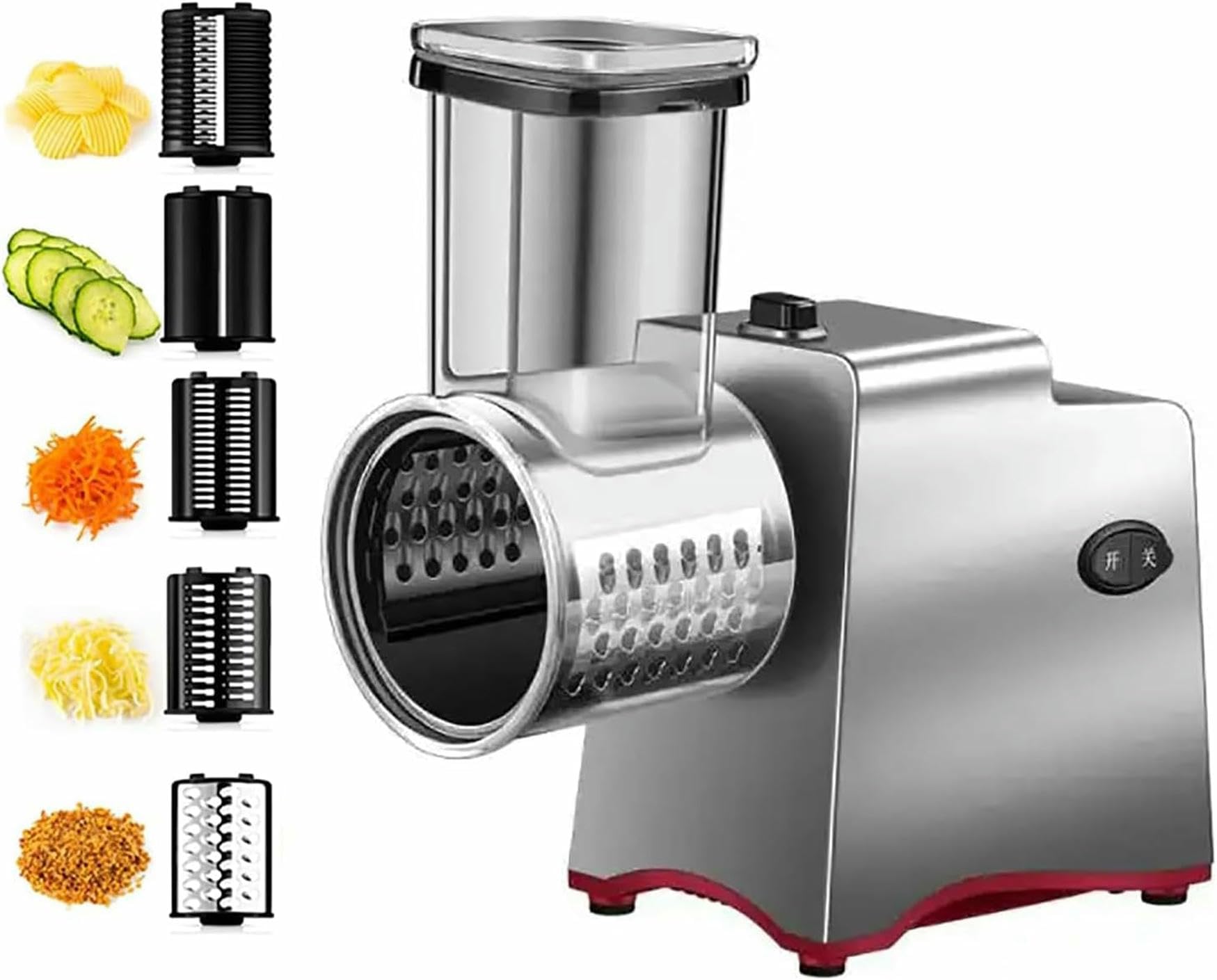 Rallador eléctrico de Queso 5 en 1 de Acero Inoxidable, Cortador de Verduras, Potente Funcionamiento con 1 botón, Corte rebanadas de 2 mm/filamento de 4 mm, Frutas y Verduras