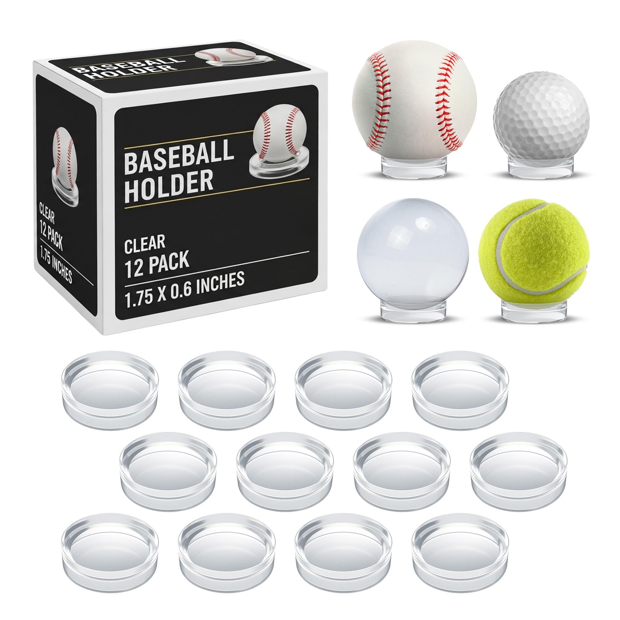 Houseables Baseball Holder, Baseball Stand, Ball Holder, Ball Stand, Acrylic Sphere Display, Egg Display, for Crystal, Rock, Marble, Golf, Softball, Round, Plastic Ring,12 Pack, Clear, 1.75" x 0.6"