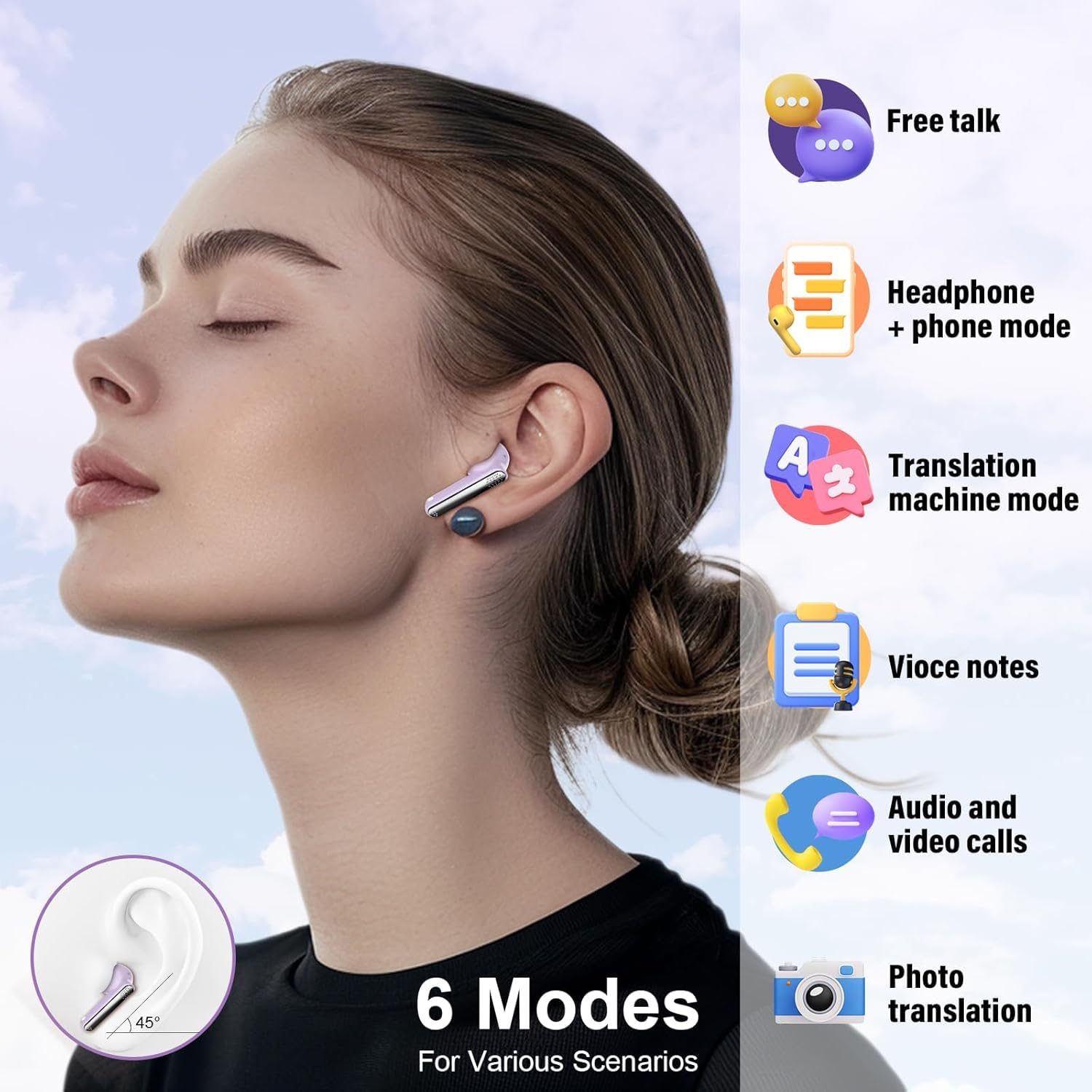 AI Language Translator Earbuds with Audio and Video Calls, 3-in-1 Bluetooth 5.4 Translation Earbuds with 164 Real Time Languages/6 Translation Modes, 48H AI Headphones with APP for Business Violet - Image 3