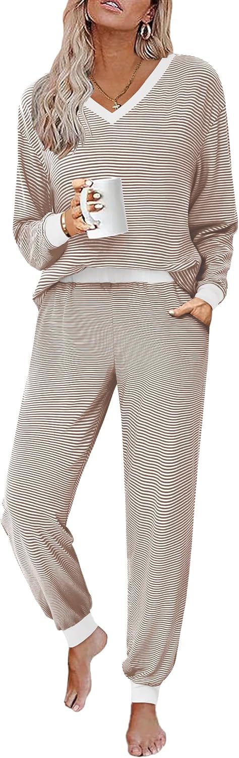 JUSTFASHIONNOW Women's Pajama Sets 2 Piece Striped Lounge Sets Long Sleeve Top and Pants Soft Sleepwear Pjs 2025 Fall Outfits