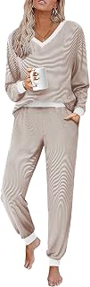 JUSTFASHIONNOW Women's Striped Pajama Sets V Neck Long Sleeve Lounge Sets | Color Block 2 Piece Pjs, Soft Loungewear, Comfy Sleepwear, 2026 Fall Winter Outfits with Pockets