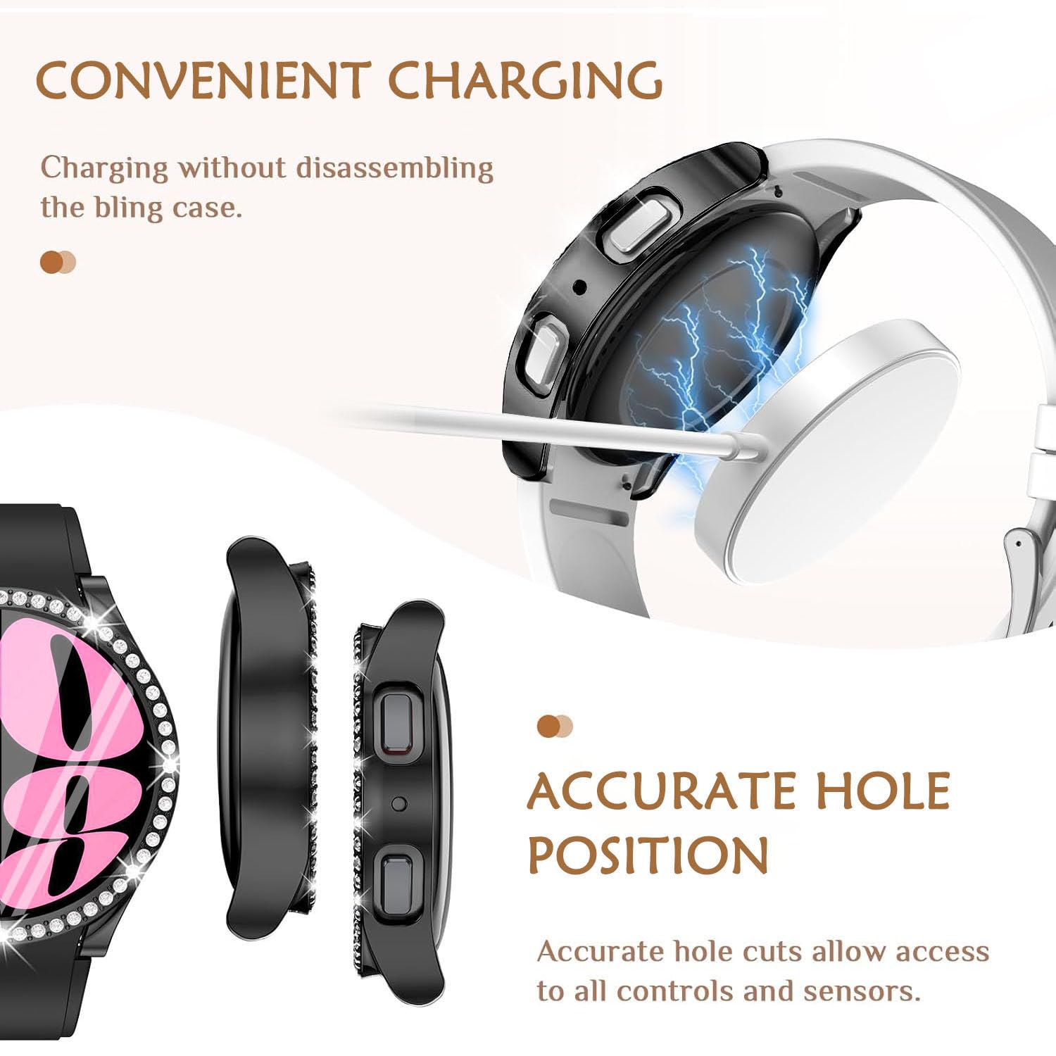 DEALELE [2-PACK] Case Compatible with Samsung Galaxy Watch 5/4 44mm, Bling Single-Row Diamond PC Protective Case Replacement Watch Cover Bumper (44mm, Gold+Transparent) — view 256