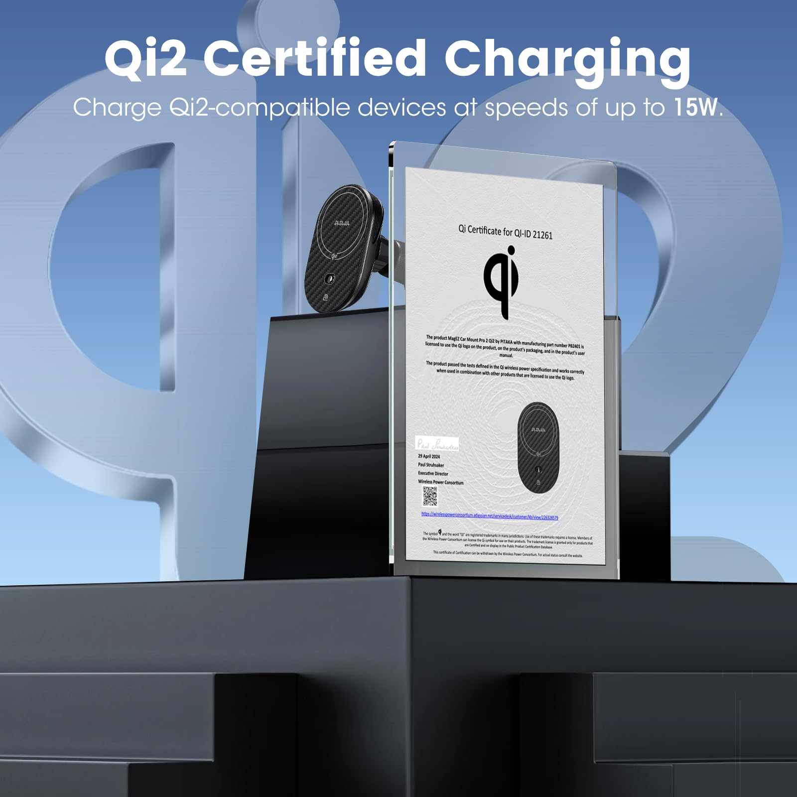 pitaka Per Qi2 MagSafe Car Mount Charger con funzione NFC, rotazione a 360° | Compaitble - Supporto magnetico per telefono da auto, 15 W, con MagSafe e iPhone 17/16/15/14/13 Series, presa d'aria