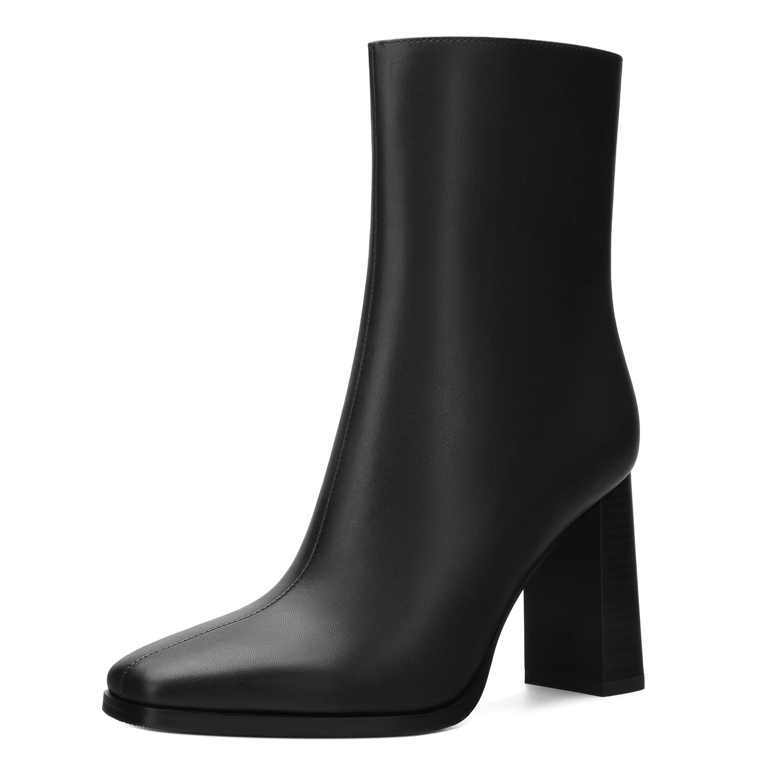 Womens Ankle Boots Square Toe High Heel Short Boots for Women Fashion Chunky Heel Mid Calf Boots with