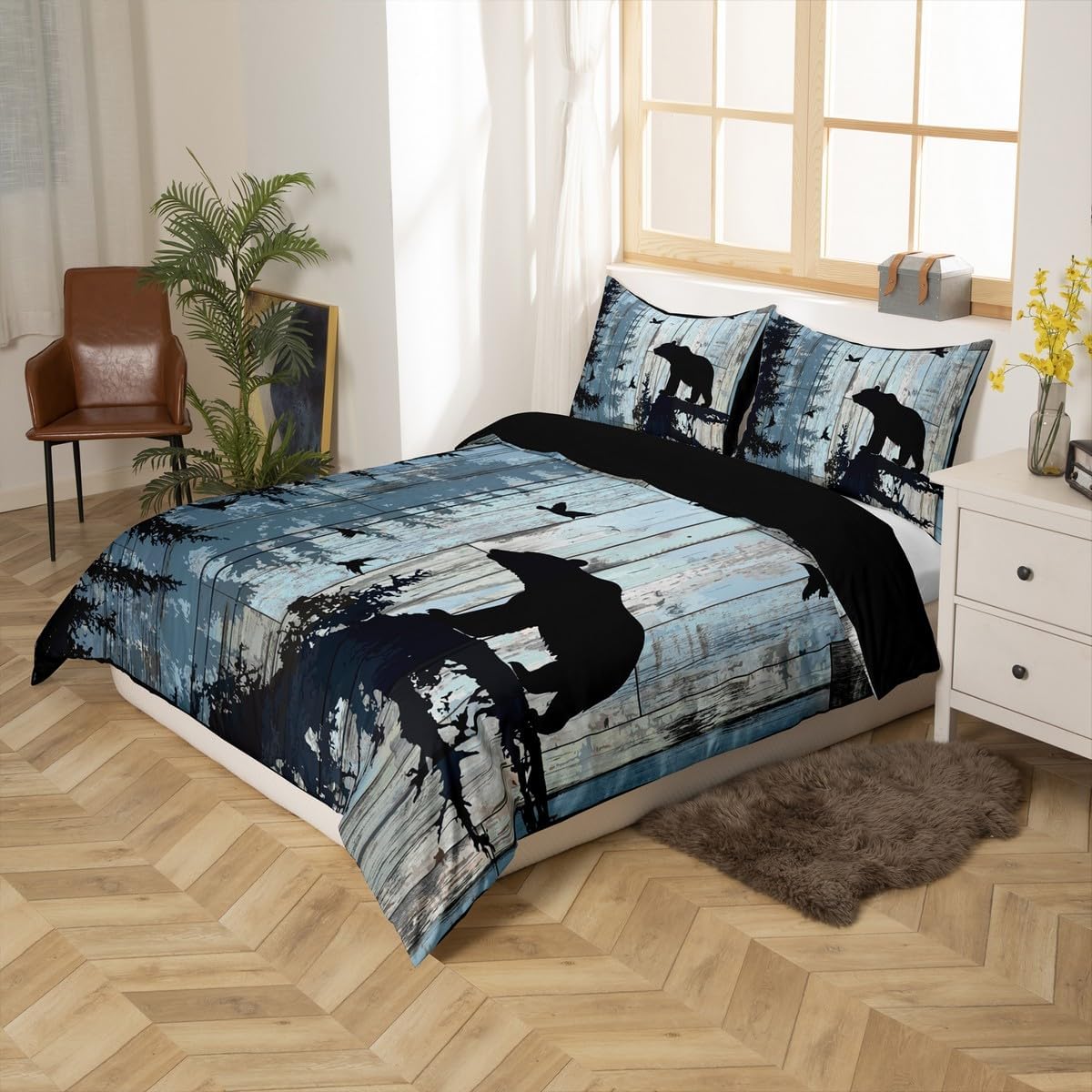 Feelyou Kids Rustic Bear Bedding Set Toddler Size, Black Bear Comforter Cover Boys Girls Cabin Country Duvet Cover Wild Animal Teens Bedroom Decor Bed Set with 1 Pillow Case (No Comforter)