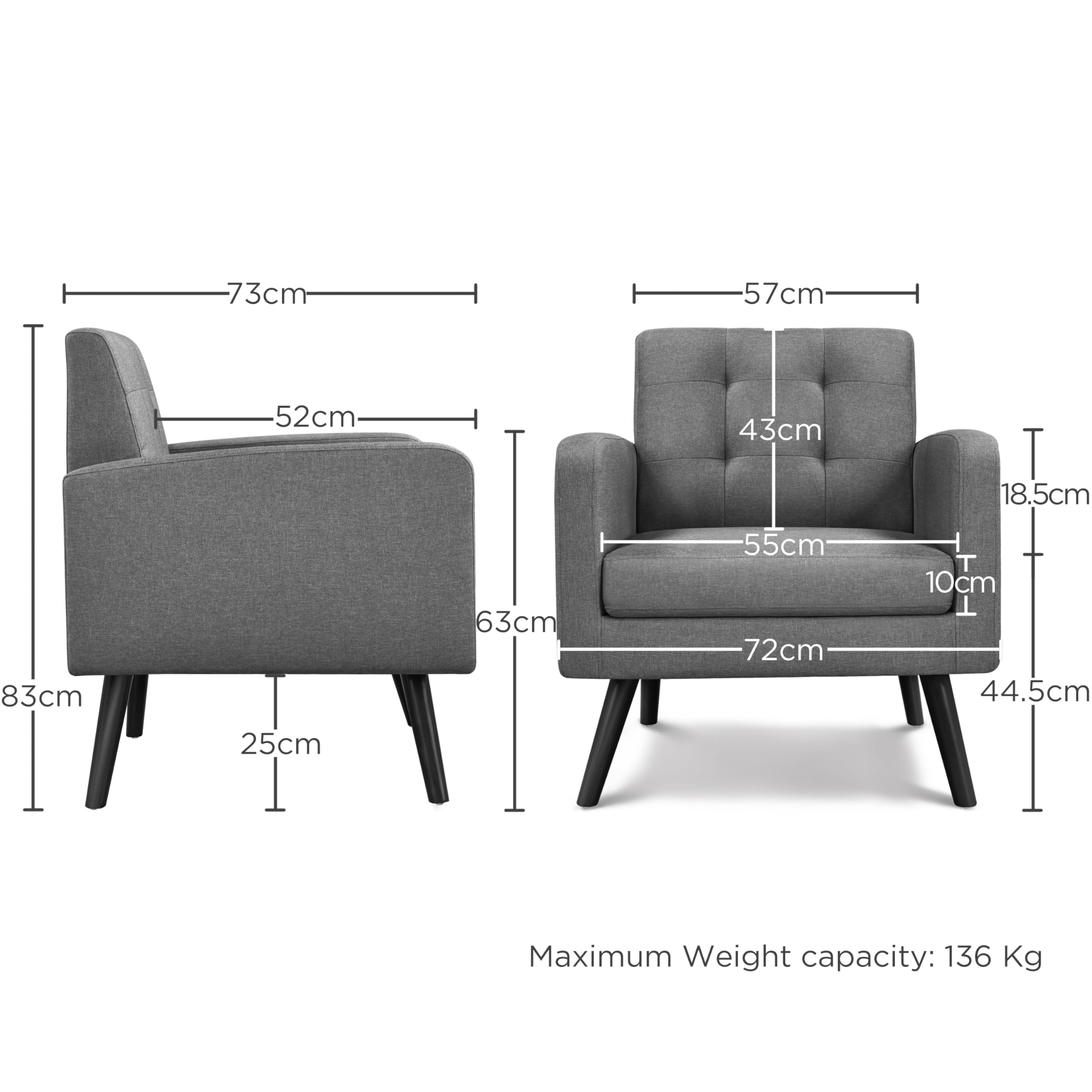 Yaheetech Ohrensessel Sessel mit Armlehnen, Lounge-Sessel Relaxsessel mit getufteter Rückenlehne, Modern Sessel bis136 KG belastbar, für Wohnzimmer, Schlafzimmer, bis136 KG belastbar, Grau