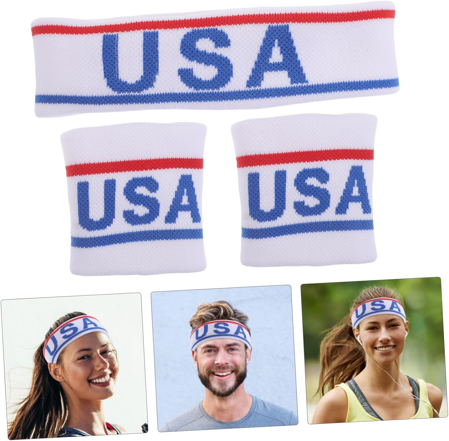 Sports Headband and Wristband Set with USA Print, Sweat-Absorbing Elastic Athletic Bands for Running, Basketball, Gym, and Exercise