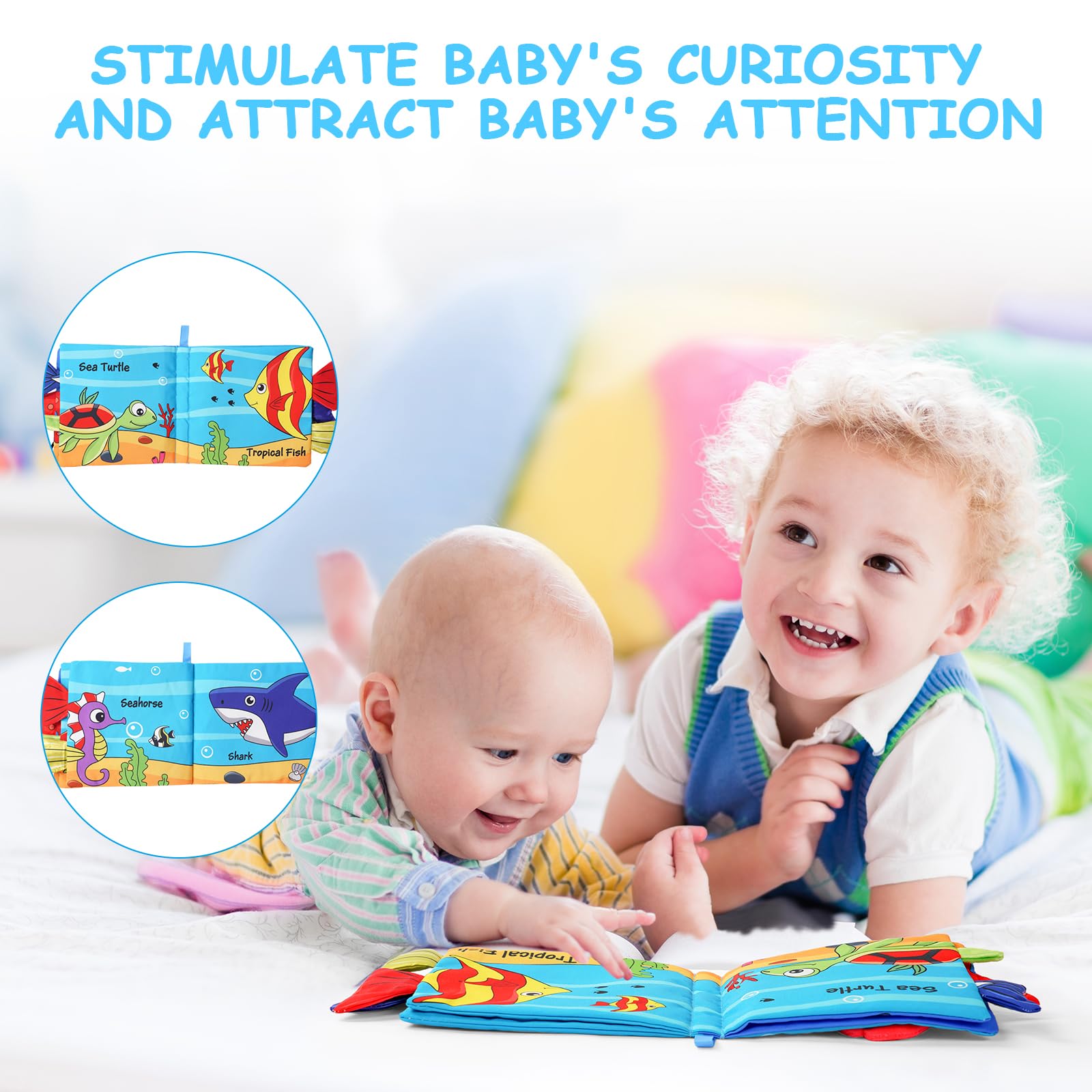 Vicloon Libro di Stoffa, 4 Pagine Interattivo, in Tessuto Morbido, per Bambini con Suono BB, Sensoriali Giochi Neonato Giocattoli Educativi, Granchio