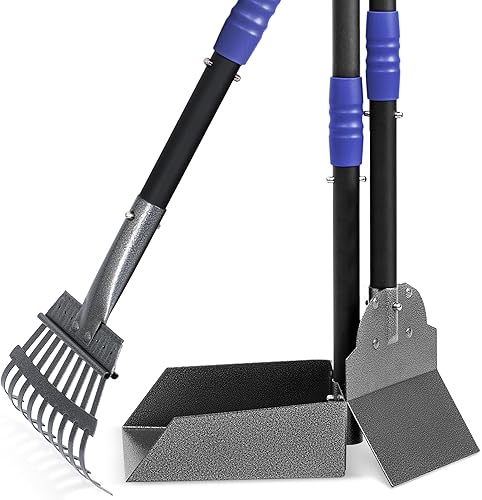 Heeyoo Recogedor de excrementos de perro, bandeja y rastrillo para excrementos de perro, cuchara para eliminar desechos de mascotas con asas