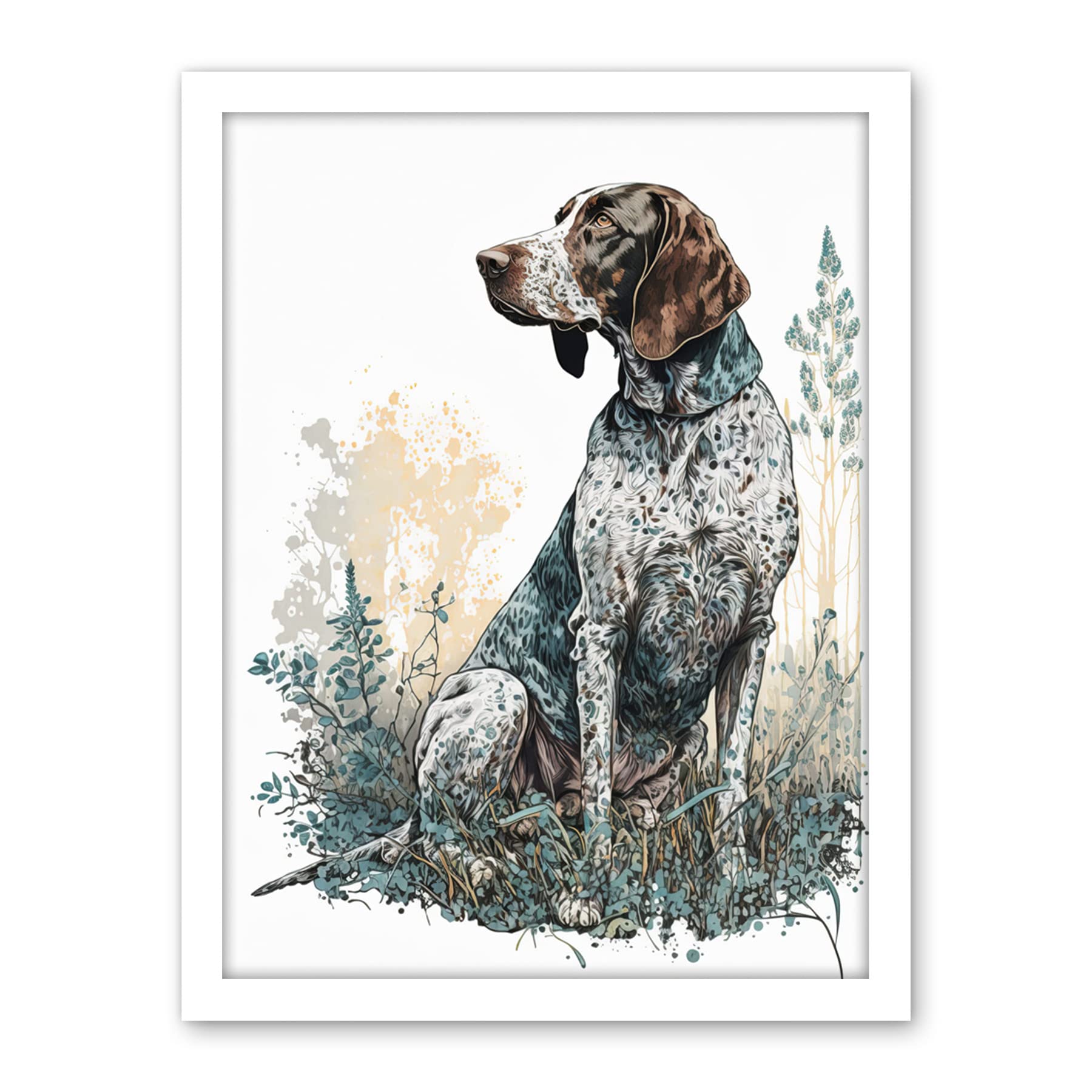 Artery8 German Pointer Dog Sitting in Field Modern Detailed Illustration Artwork Framed Wall Art Print 18X24 Inch