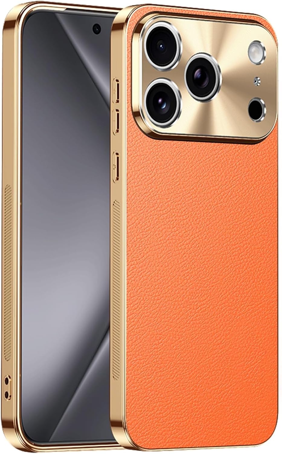 Slim Case for iPhone 17/17 Air/17 Pro/17 Pro Max, Full Grain Leather Luxury Plating Cover with Metal Camera Protection, Shockproof & Anti-Fingerprint(Orange,17 Pro Max)