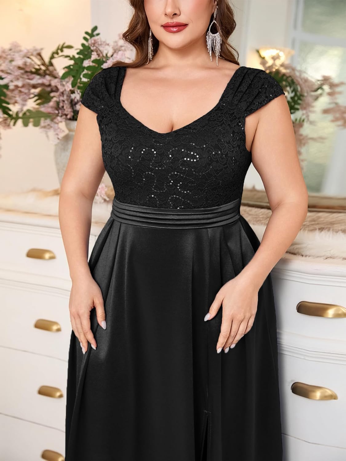 Plus Size 0X-4X Formal Maxi Dress Lace Satin Cap Sleeve A-line Dress Wedding Guest Cocktail Evening Gown