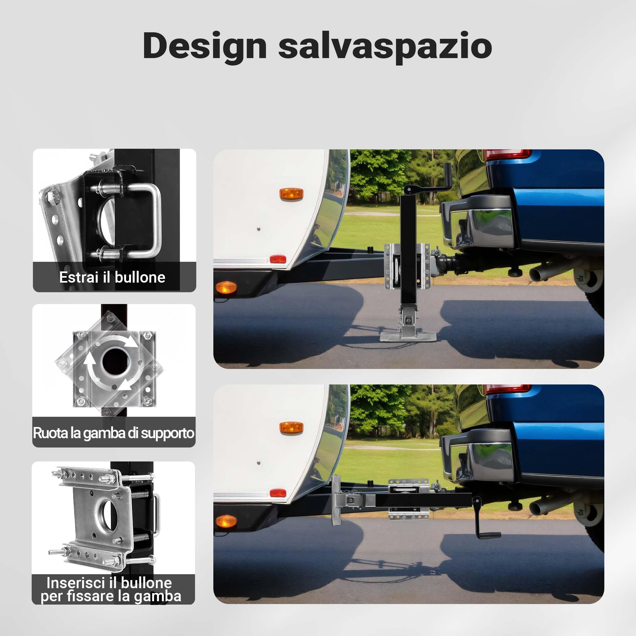 Wiltec Piede stabilizzatore per rimorchi roulotte, max 900 kg, regolabile in altezza con manovella, con pedale e perno di sicurezza