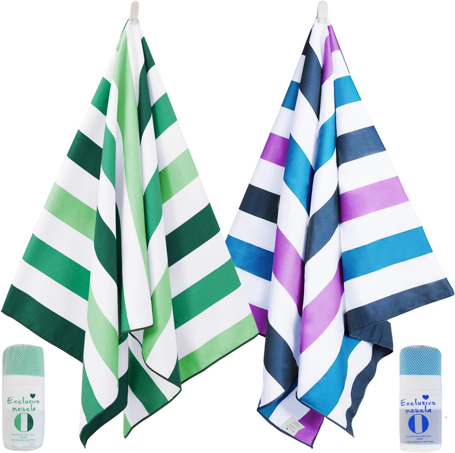 Exclusivo Mezcla 2 Pack Microfiber Quick Dry Beach Towels, Large Lightweight Sandfree Pool Towels for Swimming Camping Travel with Bag (Forest Green and Dark Purple, 30x60 Inches)