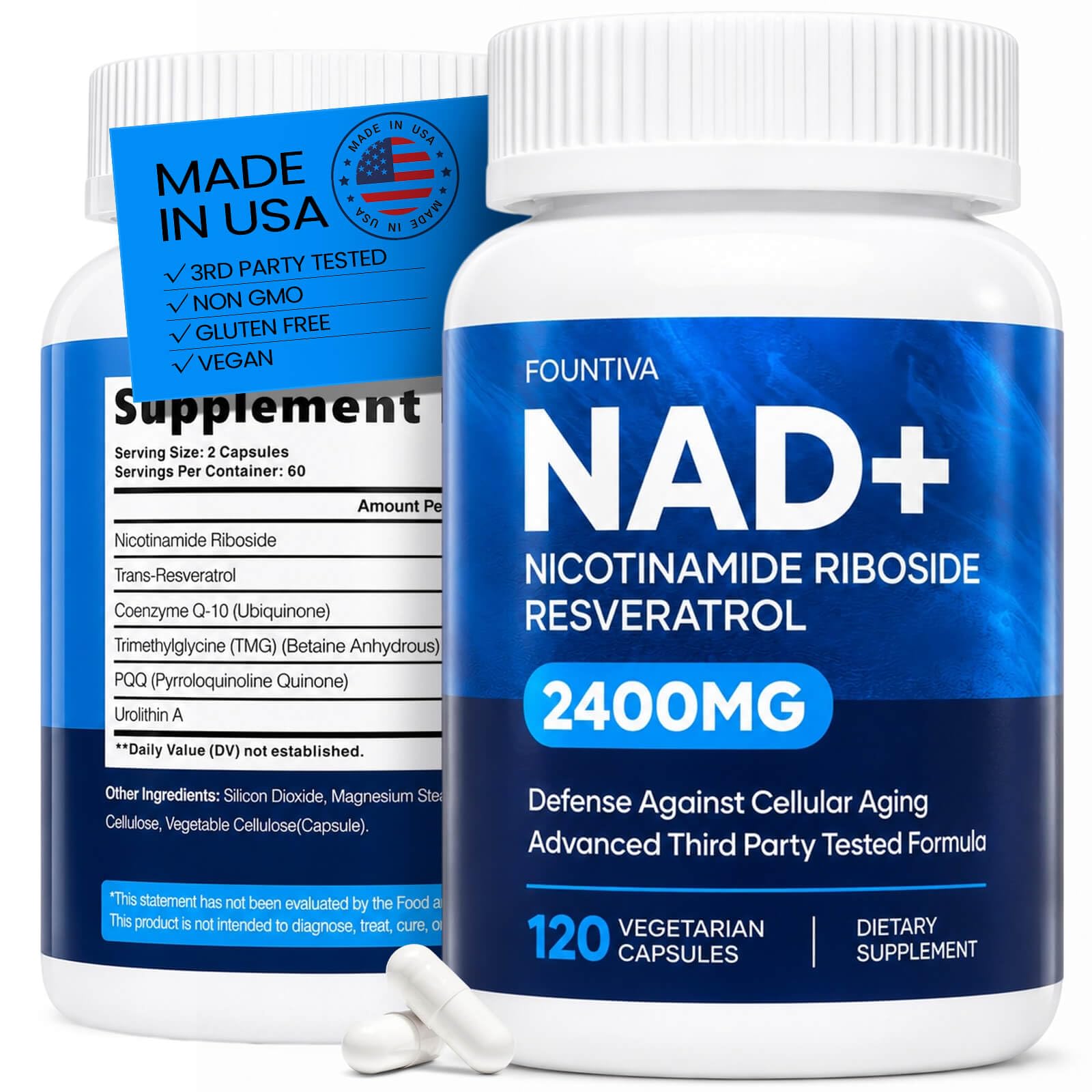 FOUNTIVA Suplemento de NAD+ com ribosídeo de nicotinamida (NR), resveratrol, CoQ10, TMG e PQQ, 2400 mg, 120 cápsulas