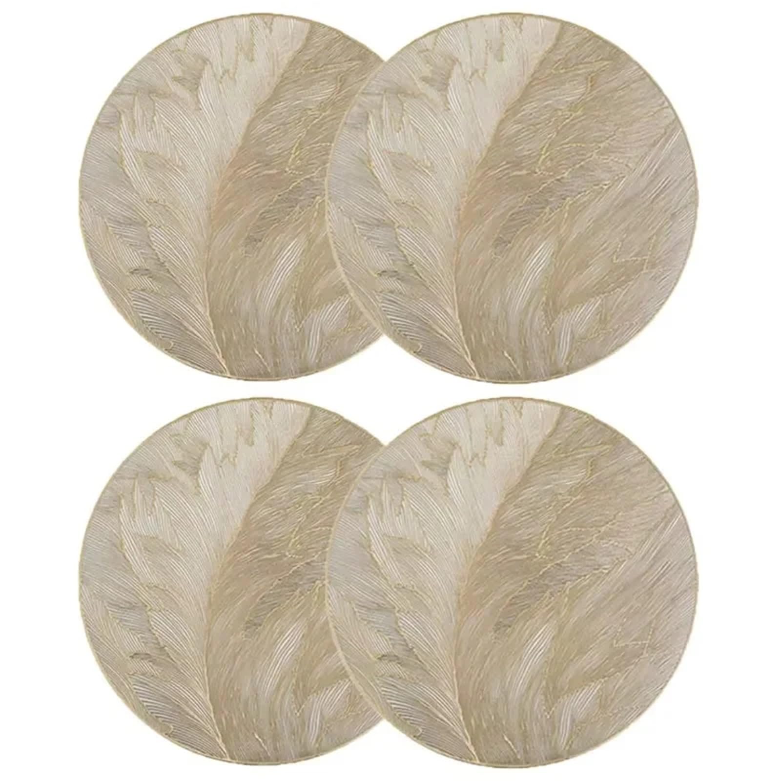 Table Mats Round Placemats Feather Pressed Washable Gold Table Mats Dining Leaf Place For Holiday Wedding Party Decoration(4PCS)