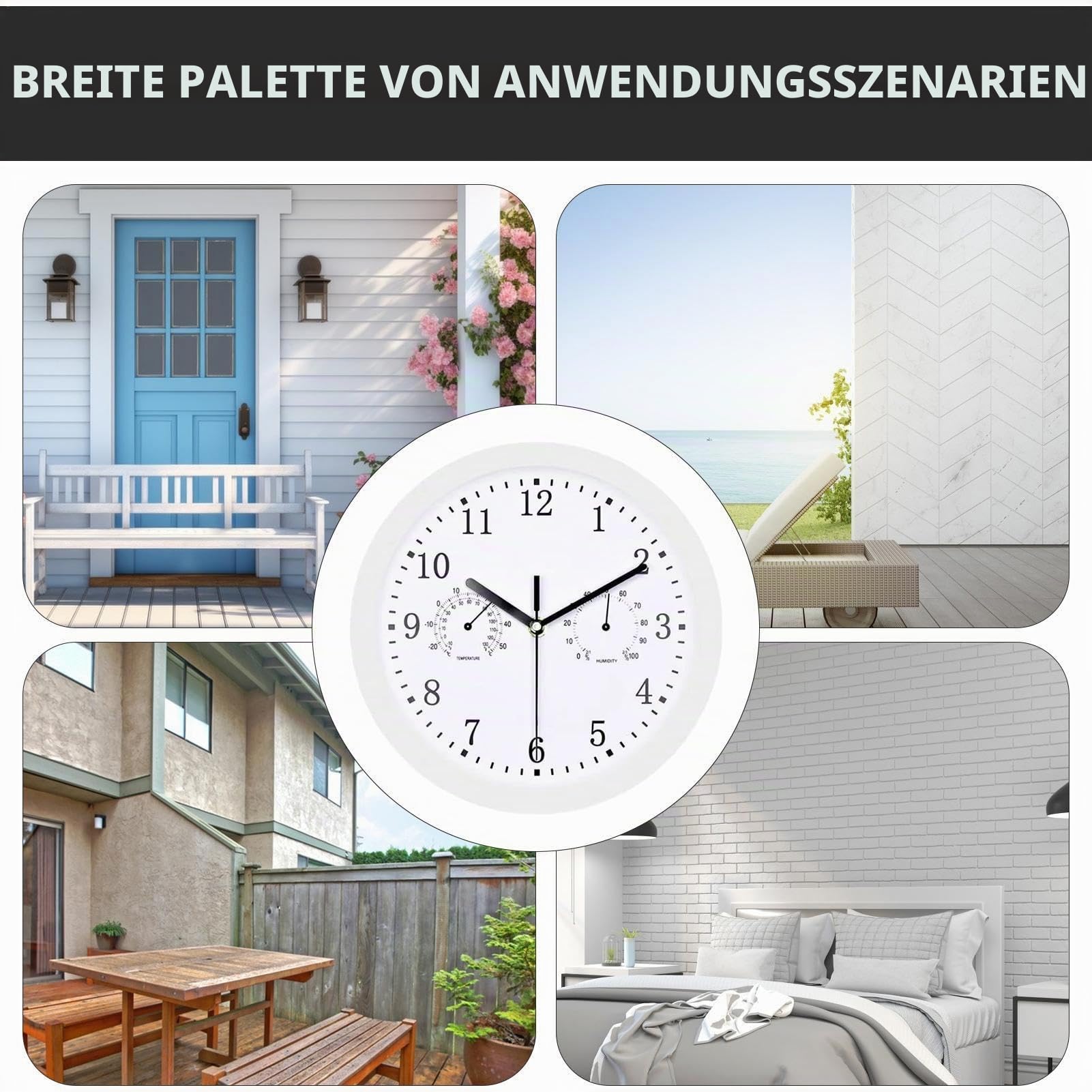 Generisch Große Outdoor Gartenuhr, 10 Zoll Wetterfest Uhr mit Thermometer und Hygrometer, Badezimmer Uhren Funk Wasserdicht, Wohnzimmer, Küche, Wanduhr Für Terrasse, Balkon, Garten