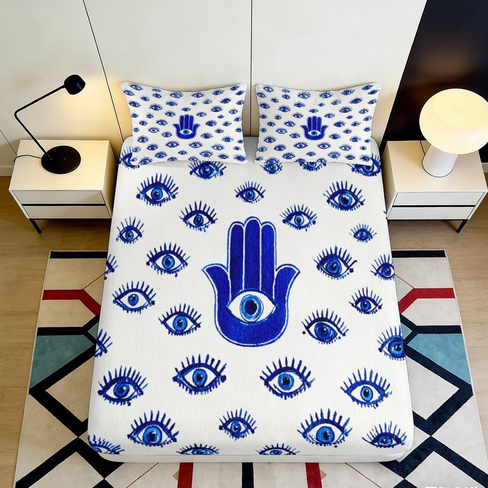 3D Printed Evil Eye Fitted Sheet Microfiber Soft Breathable Hamsa Hand Bed Cover for Bedroom Dorm Decor 90x200x25cm