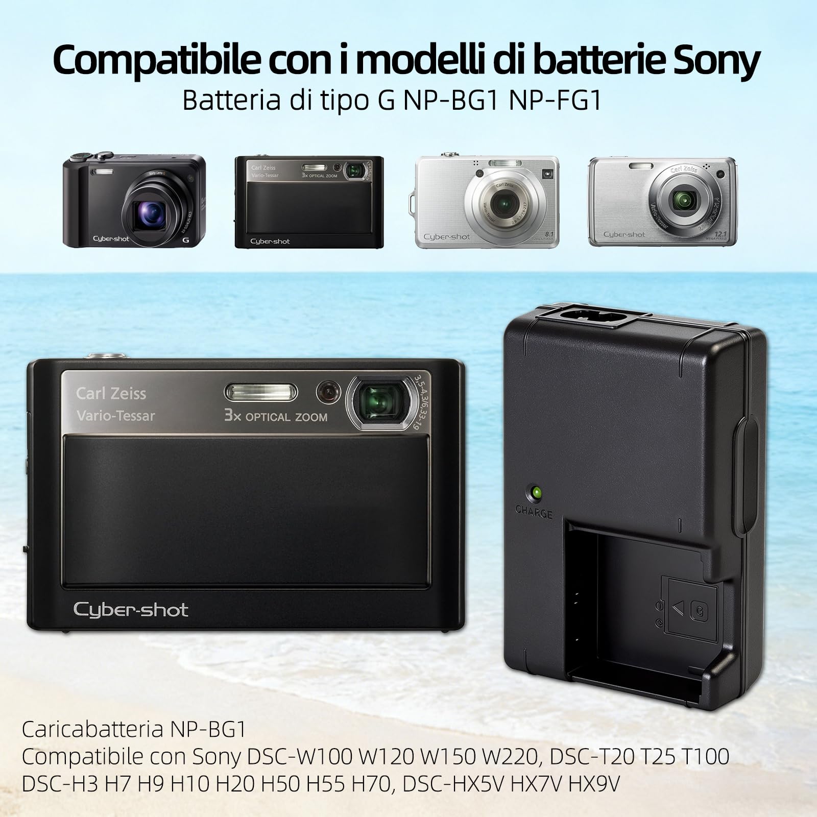 NP-BG1 NP-FG1 Caricabatterie compatibile con Sony DSC-W100 W120 W150 W220 W80, DSC-T20 T25 T100, DSC-H3 H7 H9 H10 H20 DSC-H50 H55 H70, DSC-HX9V HX5V HX7V