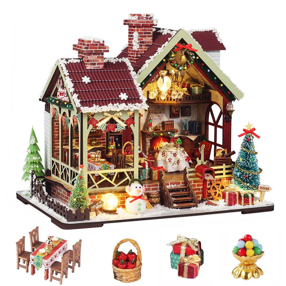 Kit fai da te per casa delle bambole in miniatura di Natale, kit mini casa delle bambole in legno per adulti, puzzle 3D in legno con LED, regalo di Natale e compleanno, decorazione per la casa per