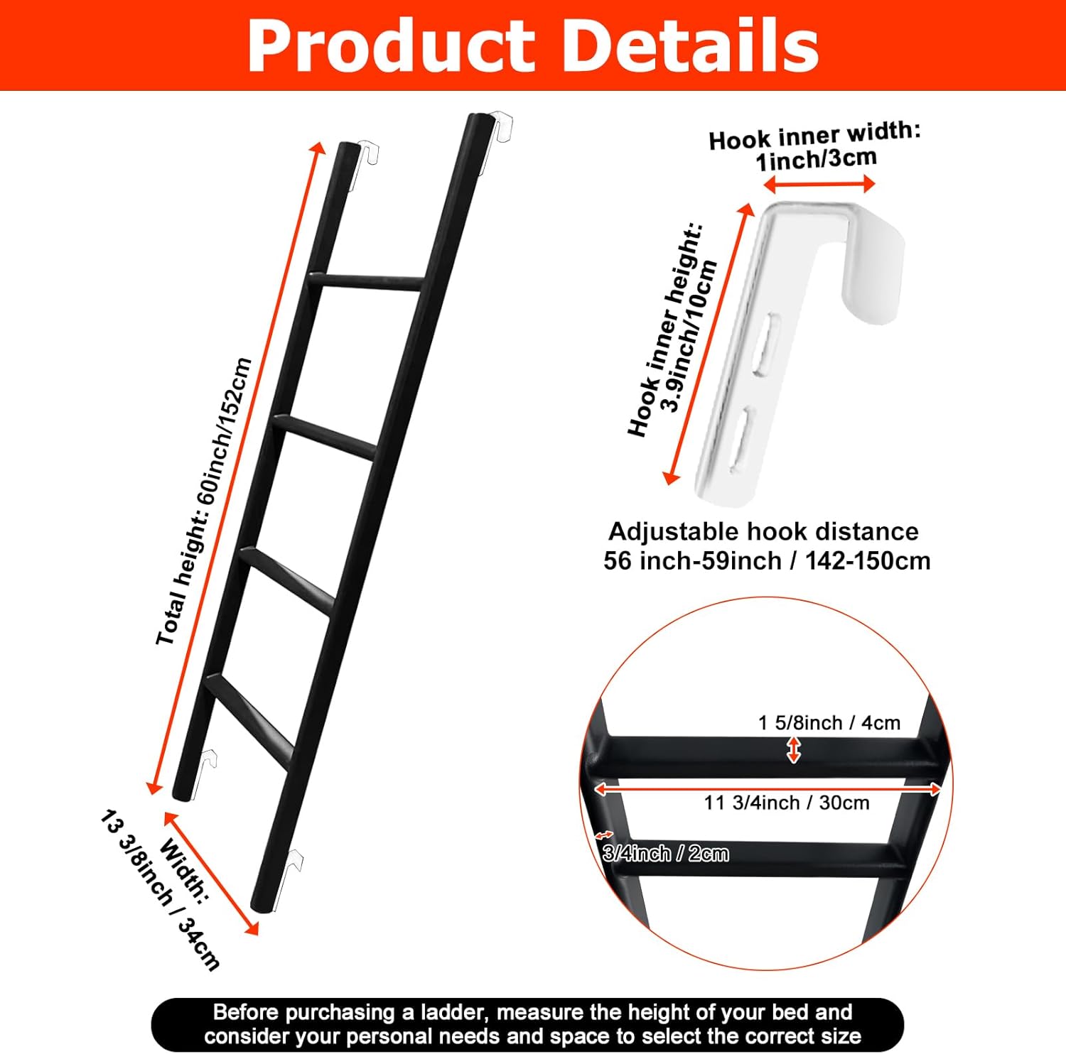 60" RV Bunk Bed Ladder, Adjustable Travel Trailer Bed Step with 4 Hooks & Foot Caps, Heavy Duty Metal Interior Dorm Loft Camper Ladder