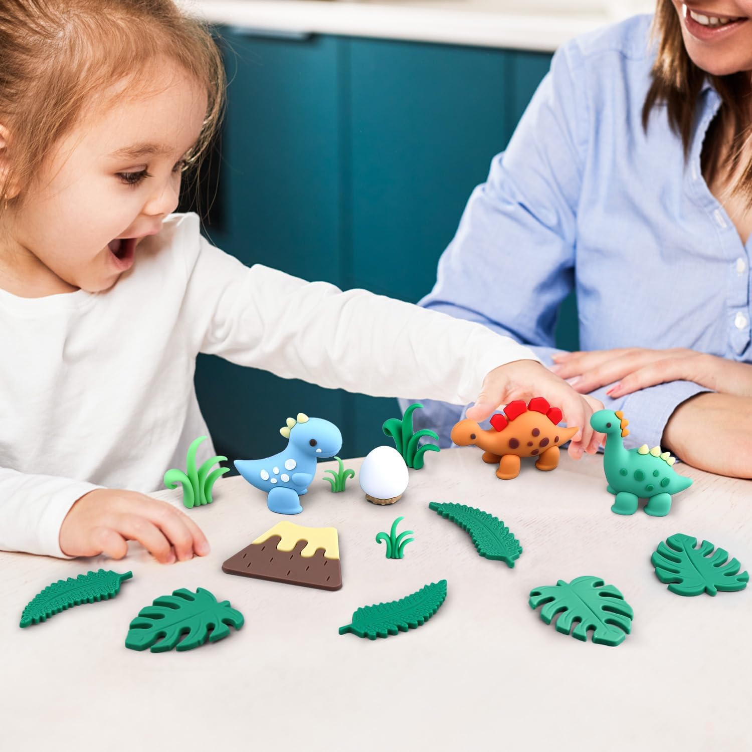 15PCS Cartoon Dinosaur Cake Toppers Jungle Cake Decorations | Cute Dino, Eggs, Leaves, Grass and Volcano Figures for Kids Birthday, Baby Shower and Dinosaur Animal Theme Party Supplies